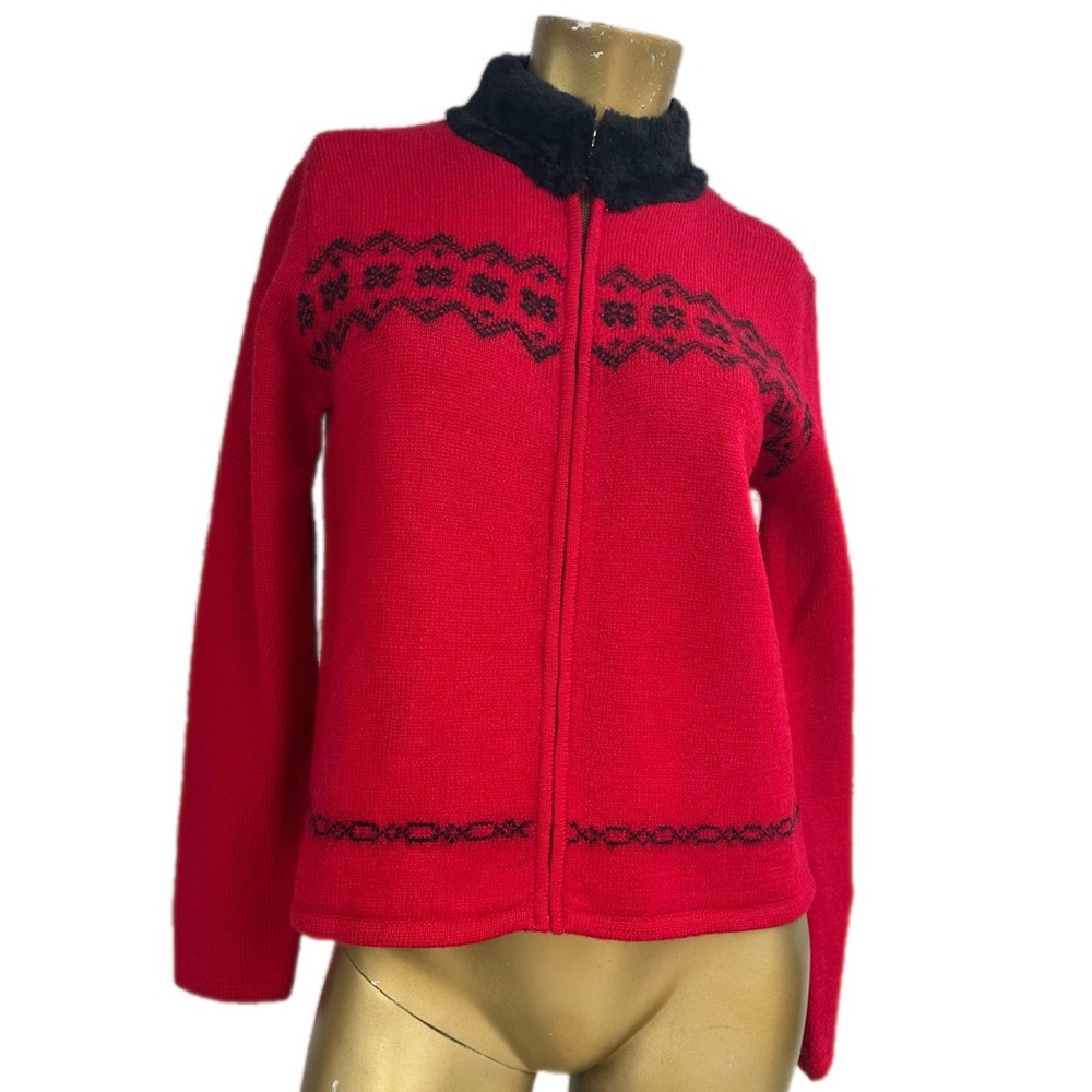 NWT Karen Scott Wool Zip Sweater Size PS Red Nordic Knit w/ Faux Fur Collar